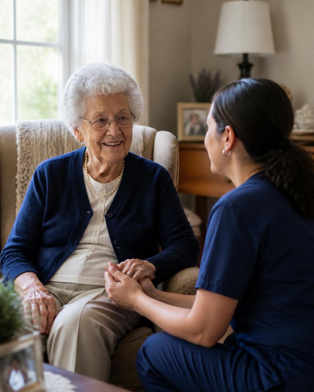 A Visiting Angels caregiver sitting with a client in her living room