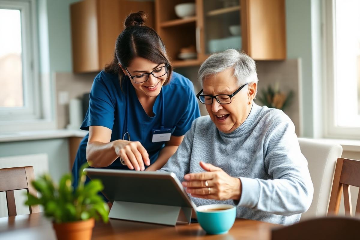 Caregiver helping an older adult use a tablet with large, readable text