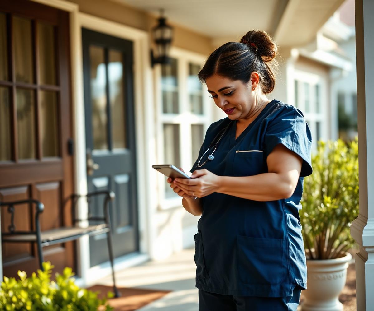 Caregiver checking a shift on her phone before a home visit