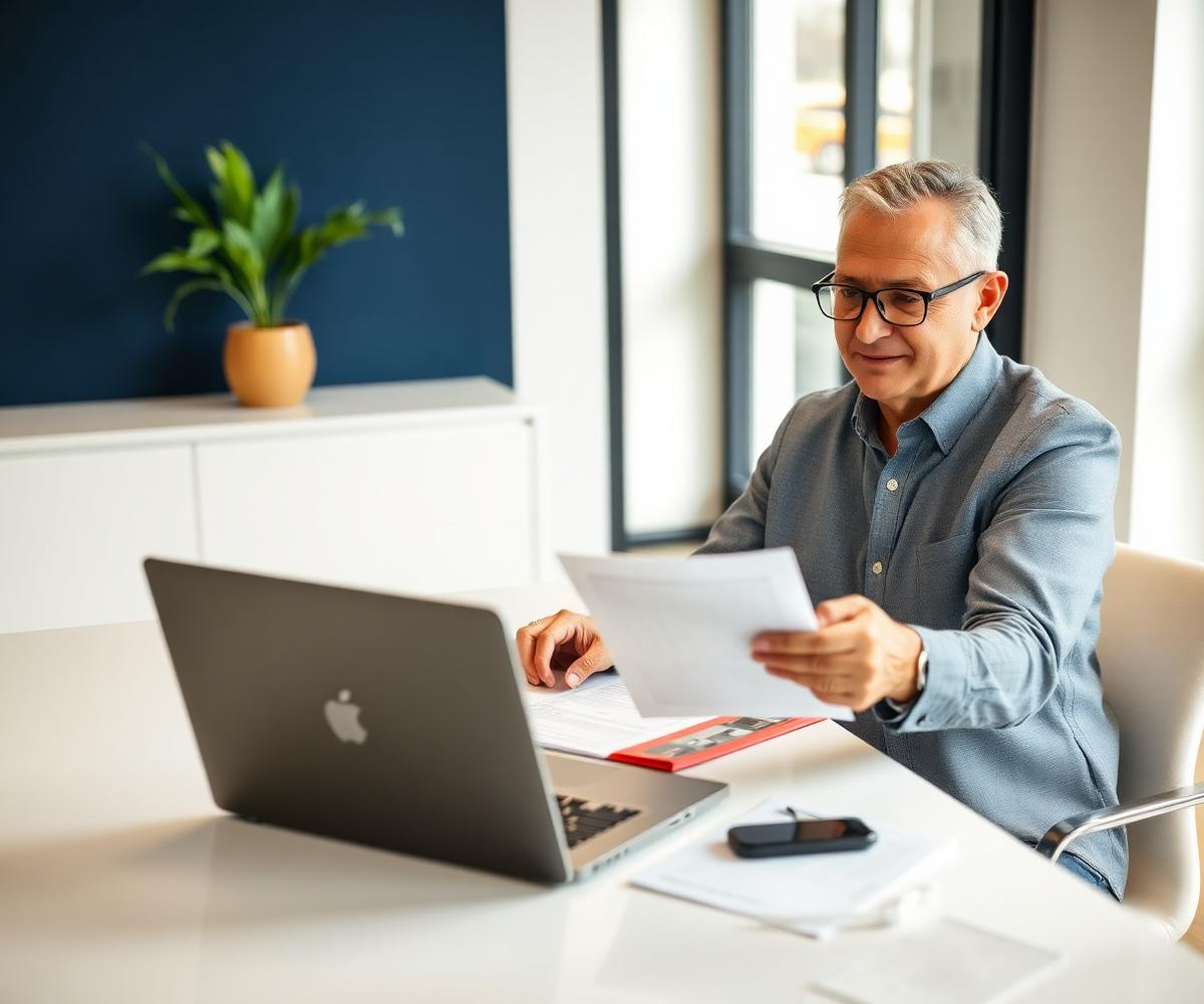 Franchise owner reviewing plans and paperwork at a bright desk