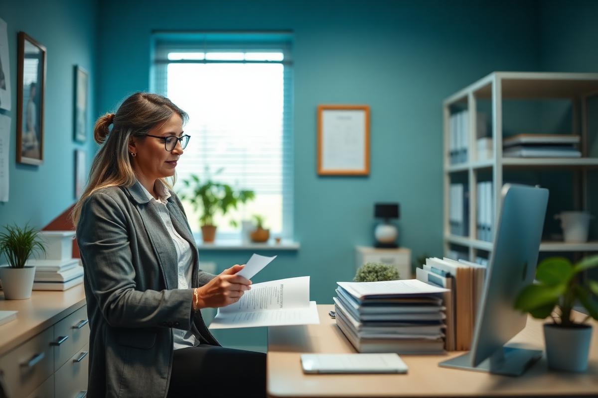 Office coordinator handling confidential client files in a tidy office
