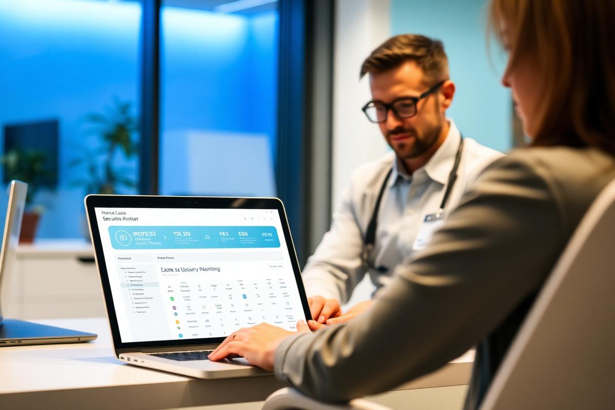 Office administrator reviewing a security dashboard on a laptop
